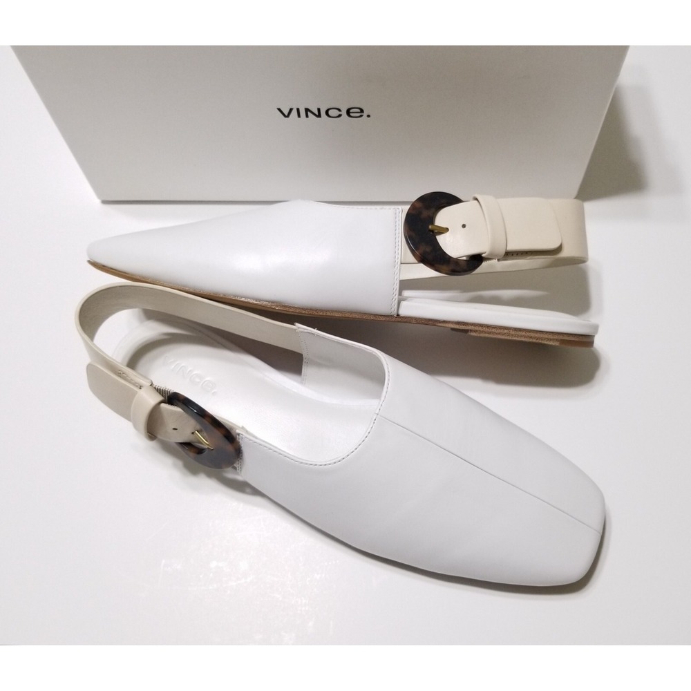 NIB Vince Cadot Tortoise Buckle Leather Slingback Flat White Flax 7.5 8.5 $275